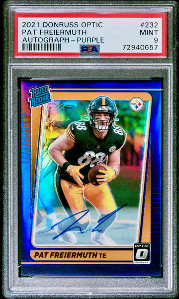 PAT FREIERMUTH 2021 Panini Optic PRIZM ROOKIE PURPLE AUTO 6/25 STEELERS RC SP PSA 9 MINT