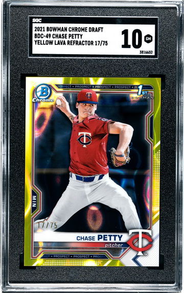 2021 Bowman Chrome Draft Chase Petty BDC-49 Yellow Lava Refractor numbered 17/75