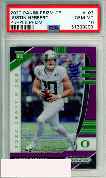 2020 PANINI PRIZM DRAFT PICKS JUSTIN HERBERT #102 PURPLE PRIZM RC PSA 10 GEM MT