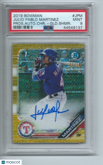 2019 Bowman Prospect Autographs Chrome Julio Pablo Martinez #JPM Pros. Autograph CHR Gold Shmr. PSA 9