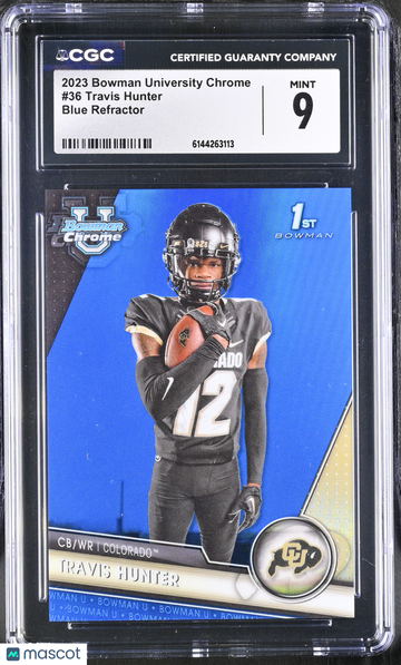 2023 Bowman University Chrome Travis Hunter #36 Blue Refractor CGC 9