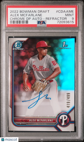 2022 Bowman Draft Chrome Draft Pick Autographs Alex Mcfarlane #CDAAME DP Refractor /499 1st Bowman PSA 9