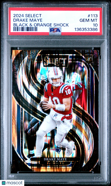 2024 Panini Select Drake Maye #113 Black & Orange Shock Prizm RC Rookie PSA 10