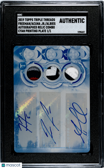 2019 Topps Triple Threads Albies Acuna JR. Freeman #ARC-FAA Autograph Relic Combo Cyan Printing Plate SGC A
