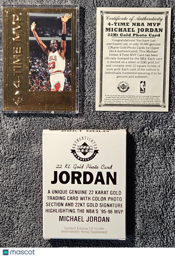 1996 Upper Deck 22Kt Gold Photo Card Michael Jordan 4-Time MVP 22Kt Gold Photo Card