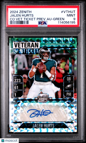 2024 Panini Zenith Cont Optic Veteran Ticket Preview Autographs Jalen Hurts #VTHUT Green /24 PSA 9
