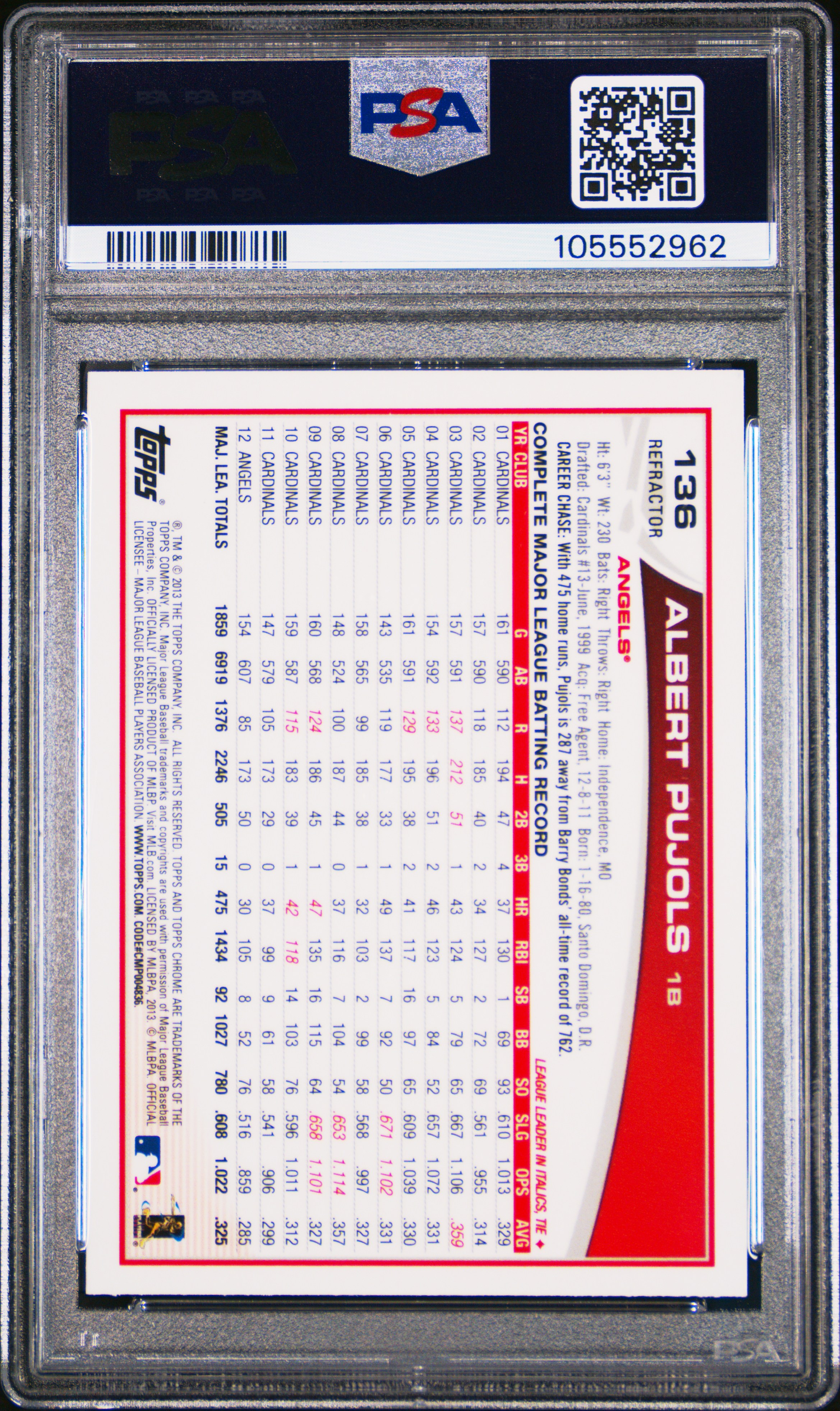 2013 Topps Chrome Albert Pujols Purple Refractor #136 PSA 9 | MySlabs