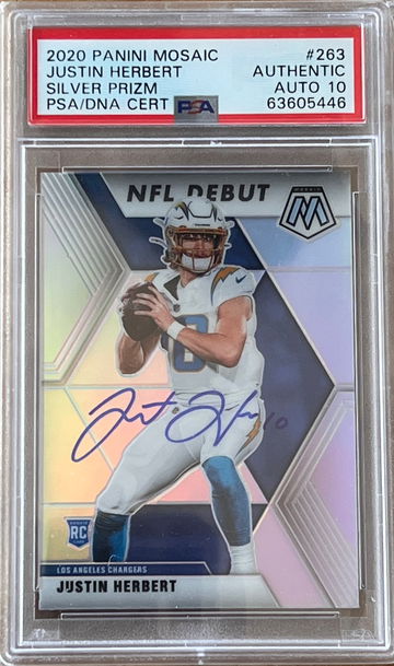 2020 Panini Mosaic Justin Herbert Silver Prizm NFL Debut Auto PSA DNA 10 #263