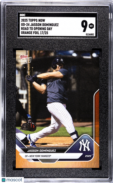 2025 Topps Now Jasson Dominguez #OD-24 Road Opening Day Orange Foil SGC 9