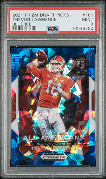 2021 Panini Prizm Draft Trevor Lawrence All Americans Blue Cracked Ice /99 SSP RC PSA 9 Mint