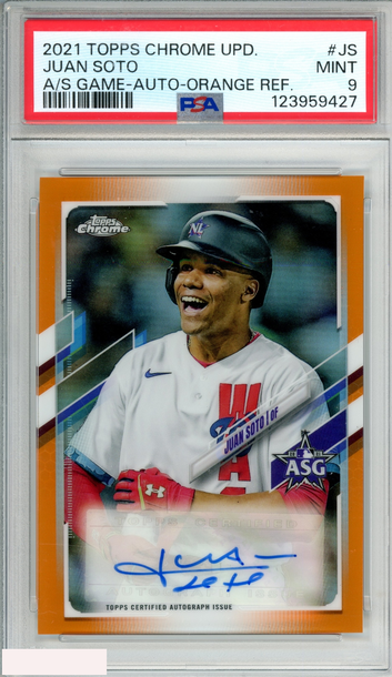 2021 TOPPS CHROME UPDATE ALL-STAR GAME AUTO JUAN SOTO #JS ORANGE 13 OF 25 PSA 9