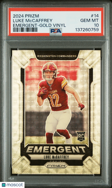 2024 Panini Prizm Emergent Luke Mccaffrey #14 Gold Vinyl /5 Rookie PSA 10