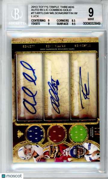 2013 Topps Triple Threads Autographed Relic Combos Gold Andrew Luck Robert Griffin III Russell Wilson #TTARTLGW /9 BGS 9