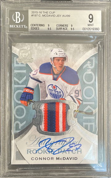 Connor McDavid 2015-16 UD The Cup #197 Auto Rookie Patch 3 Clr /99 RC BGS 9 STRONG SUBS!!