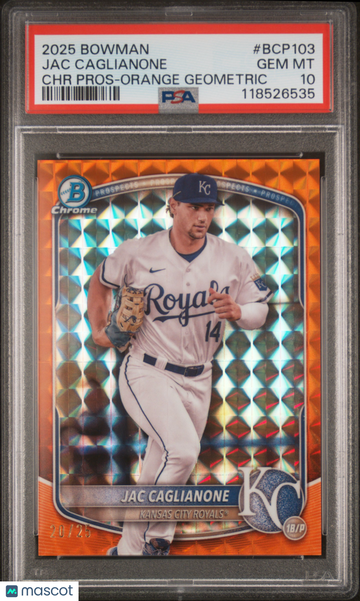 Jac Caglianone 2025 Bowman #BCP103 Orange Geometric 20/25 PSA 10