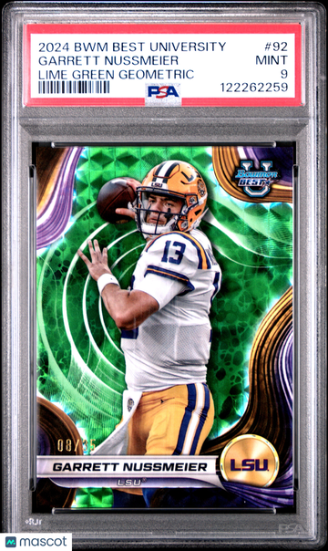 2024 Bowman Best University Garrett Nussmeier #92 Lime Green Geometric /35 PSA 9