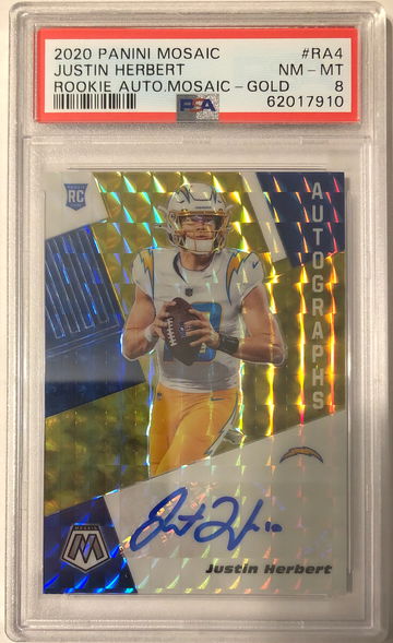 2020 Panini Mosaic Justin Herbert RC Gold Prizm Auto #RA4 2/10 PSA 8