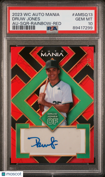 2023 Wild Card Auto Mania Autographs Druw Jones #AMSQ13 SQR Rainbow Red /10 PSA 10