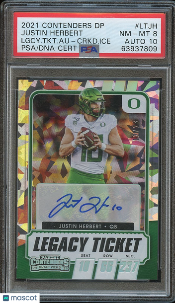 2021 Panini Contenders Draft Picks Legacy Ticket Autographs Justin Herbert #LTJH Cracked Ice /23 PSA 8 Auto 10