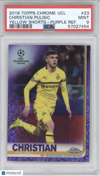 2018 Topps Chrome UEFA Champions League Christian Pulisic #23 Yellow Shorts Purple Refractor 165/250 PSA 9