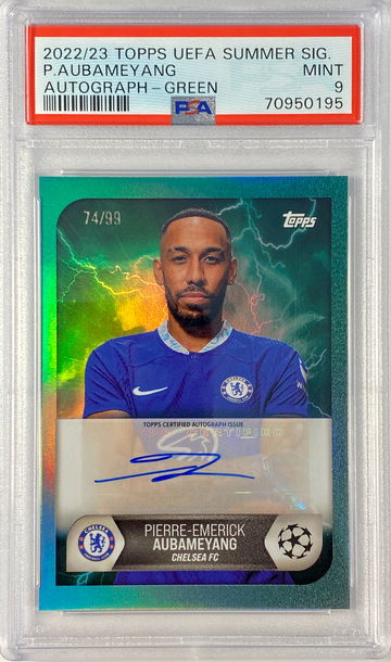 Pierre-Emerick Aubameyang 2022-23 Topps UEFA Summer Singings Green Auto /99 PSA 9
