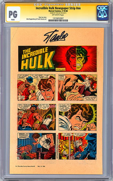 INCREDIBLE HULK NEWSPAPER STRIP #NN CGC-SS -PG- SIGNED STAN LEE FEBRUARY 10 1980