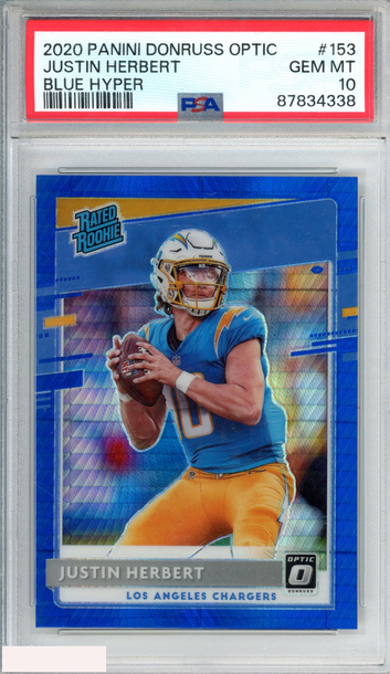 2020 PANINI DONRUSS OPTIC JUSTIN HERBERT #153 BLUE HYPER ROOKIE RC PSA 10 GEM MT