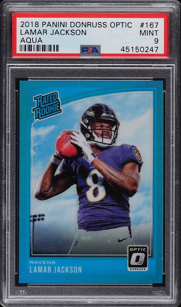 2018 DONRUSS OPTIC AQUA LAMAR JACKSON ROOKIE RC /299 #167 PSA 9 MINT