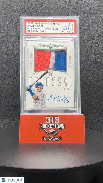 2015 Panini National Treasures Rookie Signature Materials Javier Baez #10 CLS. SIG. MT. PM. TM. LG /11 PSA 9 Auto 10