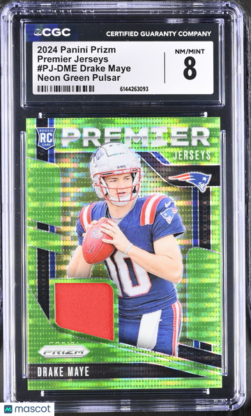 2024 Panini Prizm Drake Maye #PJ-DME Neon Green Pulsar Premier Jerseys CGC 8