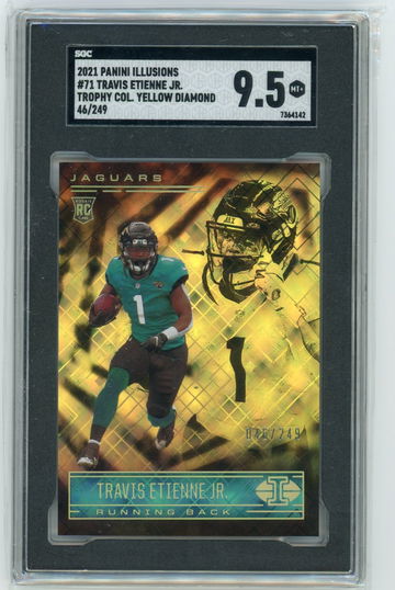 Travis Etienne Jr  RC 2021 Panini Illusions Trophy Col Yellow Diamond #d/249 SGC 9.5