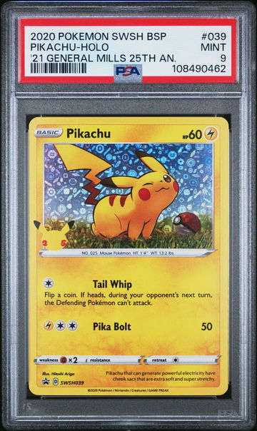 2020 Pokemon Sword and Shield Black Star Promo '21 General Mills 25th Anniversary Holo Pikachu #039 PSA 9