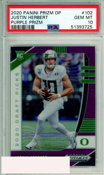 2020 PANINI PRIZM DRAFT PICKS JUSTIN HERBERT #102 PURPLE PRIZM RC PSA 10 GEM MT