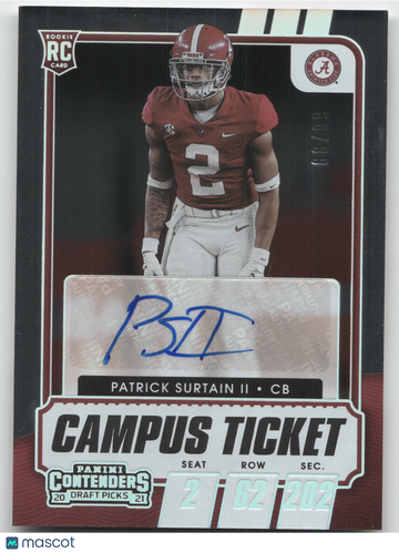 2021 Panini Contenders Draft Picks Campus Ticket Patrick Surtain II #151 Autograph /99 RC