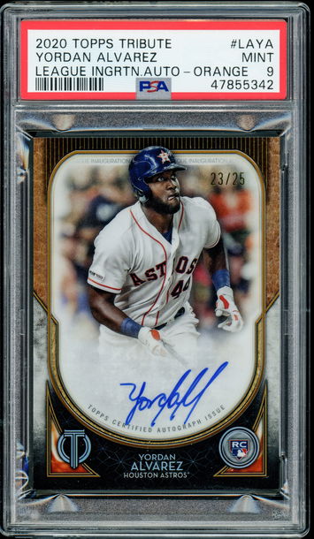 2020 Topps Tribute Yordan Alvarez League Inauguration RC Orange Auto /25 - PSA 9