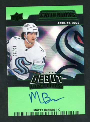 2022 Upper Deck Credentials DTAR-BE Matty Beniers Debut Ticket Access Rookie /25 VG Auto