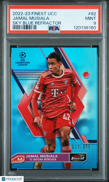 2022-23 Topps Finest UEFA Jamal Musiala #82 Sky Blue Refractor /275 PSA 9