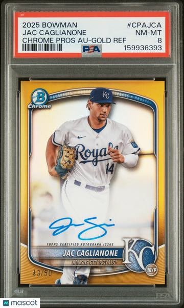 2025 Bowman Chrome Prospect Autographs Jac Caglianone #CPAJCA Gold Ref /50 PSA 8