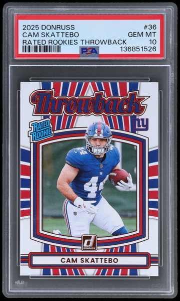 2025 Panini Donruss Cam Skattebo Rated Rookie Throwback PSA 10