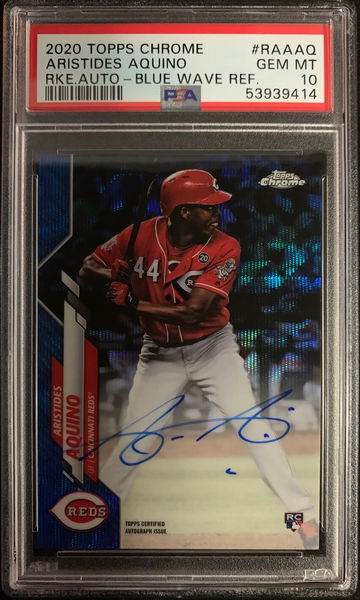 2020 Topps Chrome Aristides Aquino Rookie Auto Blue Wave Refractor /150 PSA 10