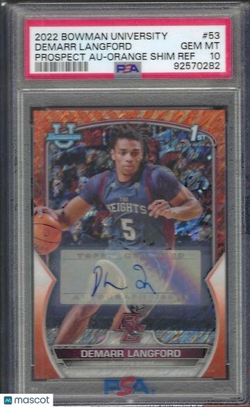 2022 Bowman Chrome University Demarr Langford #53 Prospect Au Orange Shim Ref PSA 10