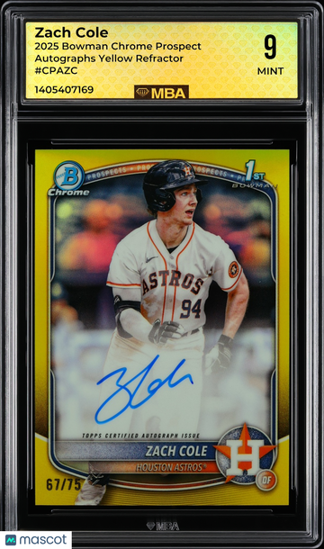 2025 Bowman Chrome Prospect Autographs Zach Cole #CPAZC Yellow Refractor MBA 9