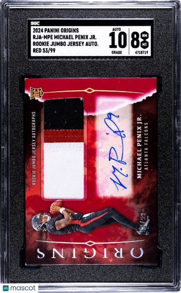 2024 Panini Origins Michael Penix JR. #RJA-MPE Rookie Jumbo Jersey Autos. Red 99 SGC 8 Auto 10