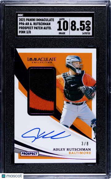 2021 Panini Immaculate Collection Adley Rutschman #PPA-AR Prospect Patch Autograph Pink SGC 8.5 Auto 10