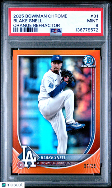 2025 Bowman Chrome Blake Snell Orange Refractor 07/25 #31 PSA 9 Los Angeles Dodgers
