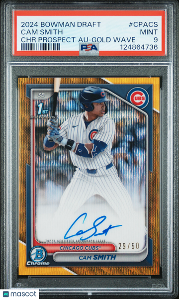 2024 Bowman Draft Chrome Prospect Autographs Cam Smith #CPACS Gold Wave /50 PSA 9