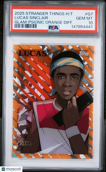 2025 Topps Stranger Things High Tek Glam Lucas Sinclair #G7 Psionic Orange Diff PSA 10