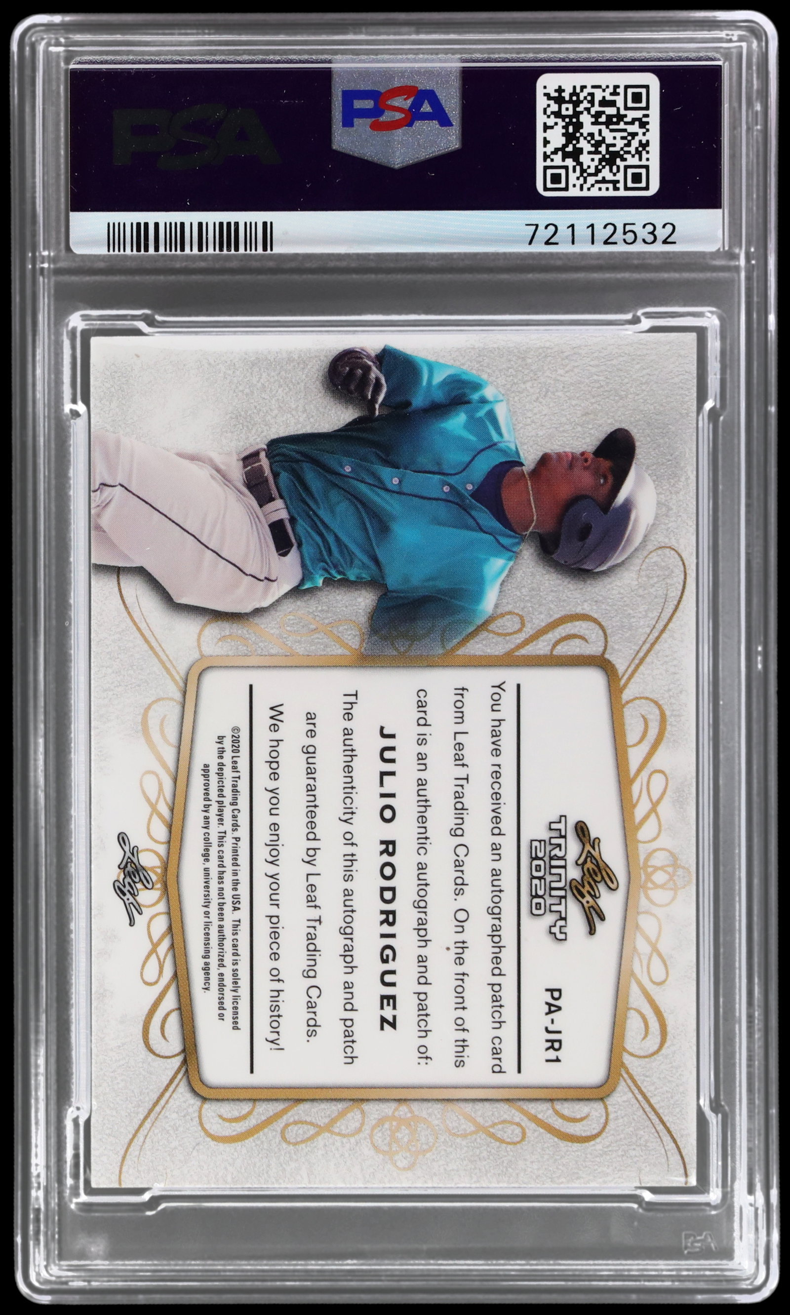 2020 Leaf Trinity Julio Rodriguez Patch Autograph Green PSA 9