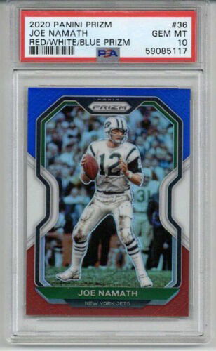 2020 PANINI PRIZM RED WHITE BLUE PRIZM #36 JOE NAMATH CARD JETS PSA 10 LOW POP