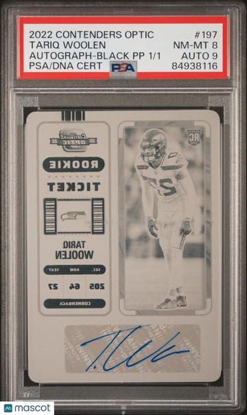 Tariq Woolen 2022 Contenders Optic #197-Auto Black Printing Plate Auto 91/1 PSA 8